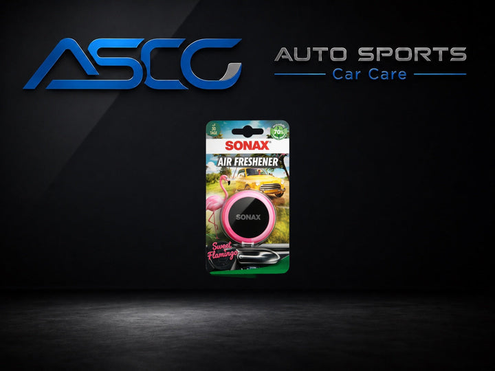 SONAX Air Freshener Sweet Flamingo on AUTO SPORTS CAR CARE product background