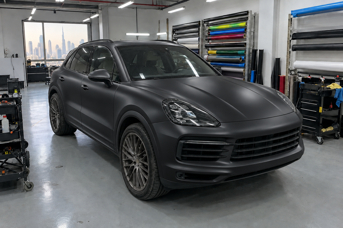 Porsche Cayenne in a satin black vinyl wrap